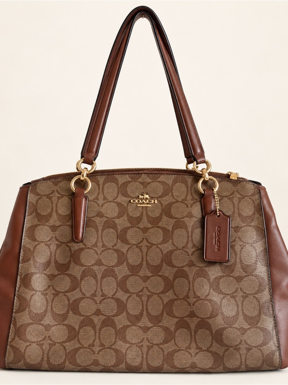Coach Brown Signature Jacquard Shoulder Bag with Leather Trim